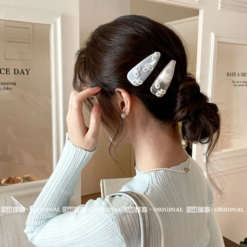 

Korean Sweet Style Pearl Bow Hair Clip Set Leather Side Clip Crystal Drop BB Clip for girls Hair Cute Accessories for Women