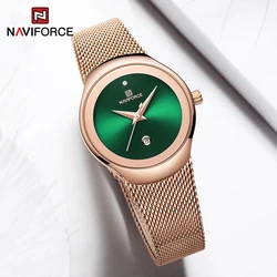 Top Brand NAVIFORCE Luxury Green Analog Date Quartz Ladies Watches Fashion Mesh Steel Strap Waterproof Business Women Wristwatch