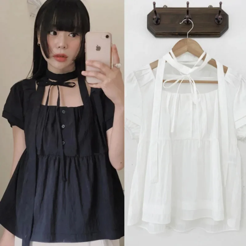 

Korea Elegant Bow Tie Short Sleeve Top French Square Collar Ribbon Front Button Short Sleeve Shirt Loose Fit Versatile Shirt