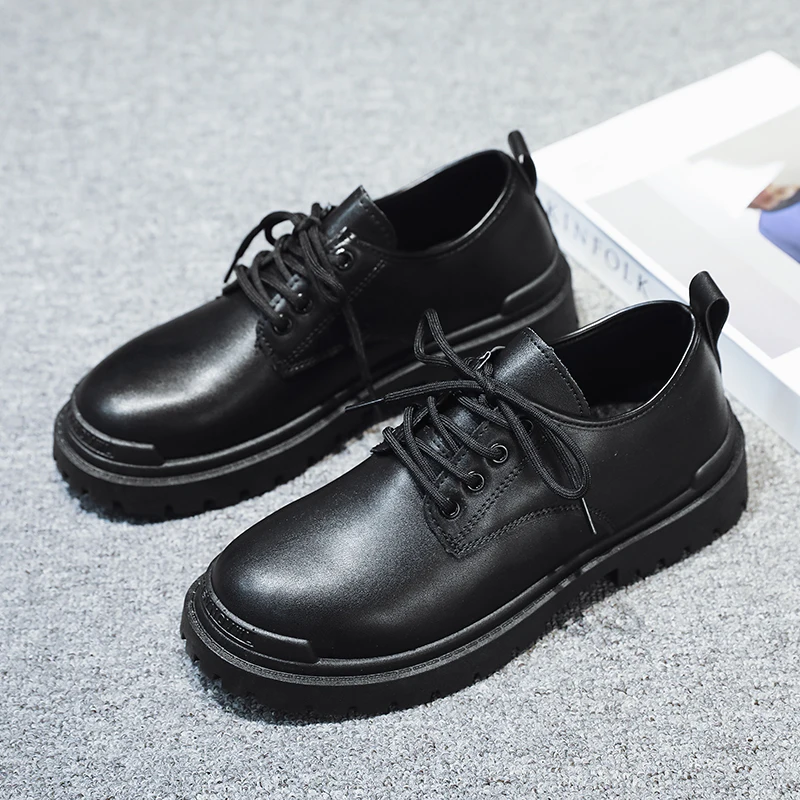 High Quality All Black Men Leather Casual Shoes Increase Simple Pure Black Sneakers Fashion Breathable Sneakers Heightening Shoe