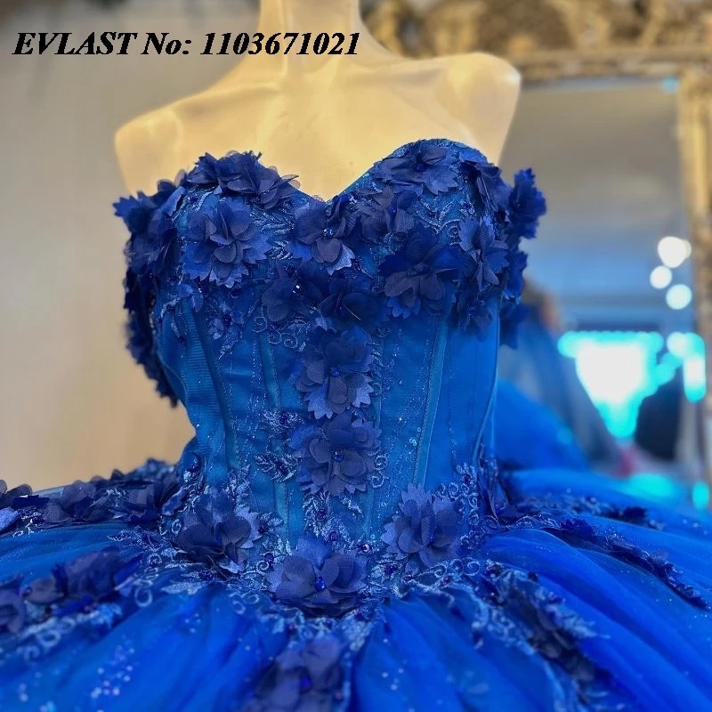 EVLAST Customized Royal Blue Quinceanera Dress Ball Gown 3D Floral Applique Beading Corset Sweet 16 Vestidos De XV 15 Anos SQ105