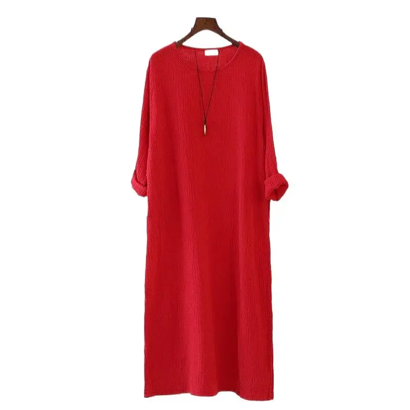 

Autumn 2024 Women vintage dress Retro Linen Long Sleeve dress Spring loose casual robe long cotton linen dress Plus Size M- 6XL