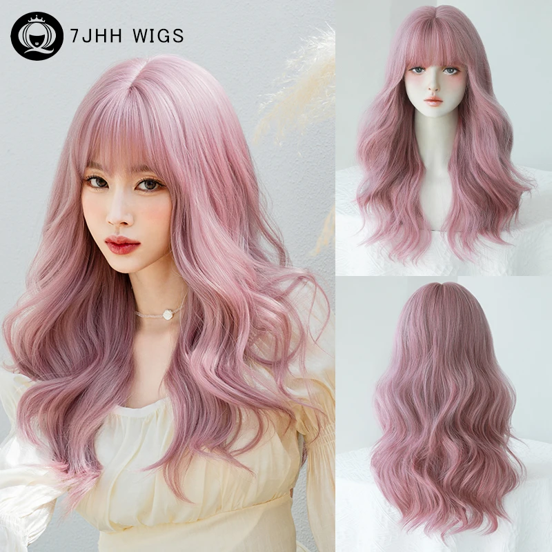 

7JHH WIGS Costume Wig Synthetic Body Wave Purple Pink Wig for Women Daily Loose Wavy Hair Wigs with Neat Bangs Beginner Friendly