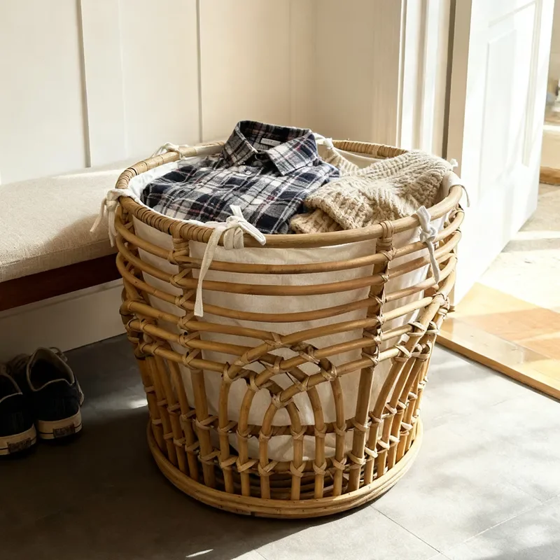Large Wicker Laundry Basket With Liner For Dirty Clothes Storage Household Sundries Sorting Bin Natural Rattan Hamper