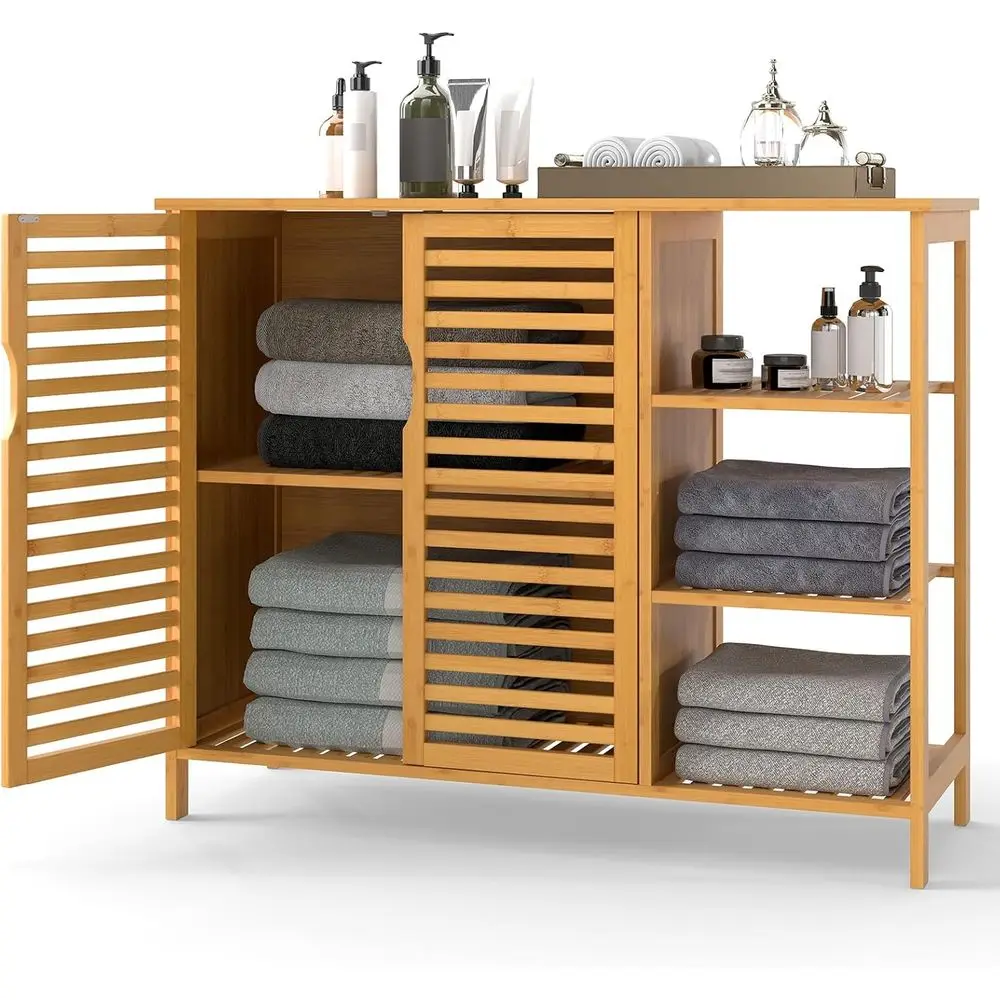 

Freestanding Storage Unit with Dual-Tier Cabinet and 3-Tier Shelves, 2-Door Organizer for Home or Kitchen Bathroom Living Room