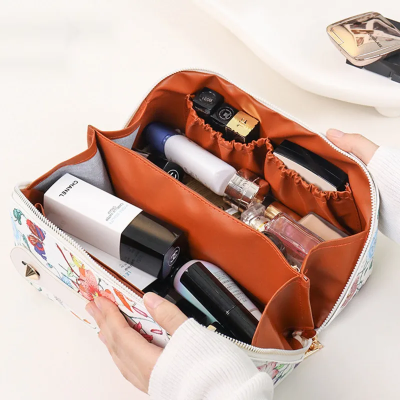 Printed makeup bag, women's single handle, large capacity makeup bag, partitioned storage bag, women's makeup bag