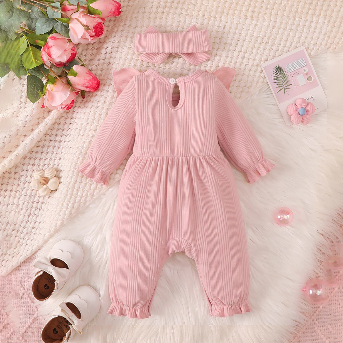 2Pcs Baby Girl Cute Ruffle Jumpsuit Long Sleeve Romper with Matching Headband Newborn Infant Daily Wear Outfit for 0-18 Months