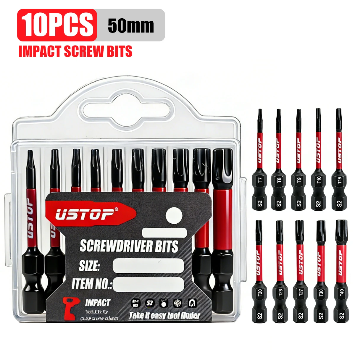10-Piece Set of S2 Steel Torx Impact Bits, 50mm, with Transp