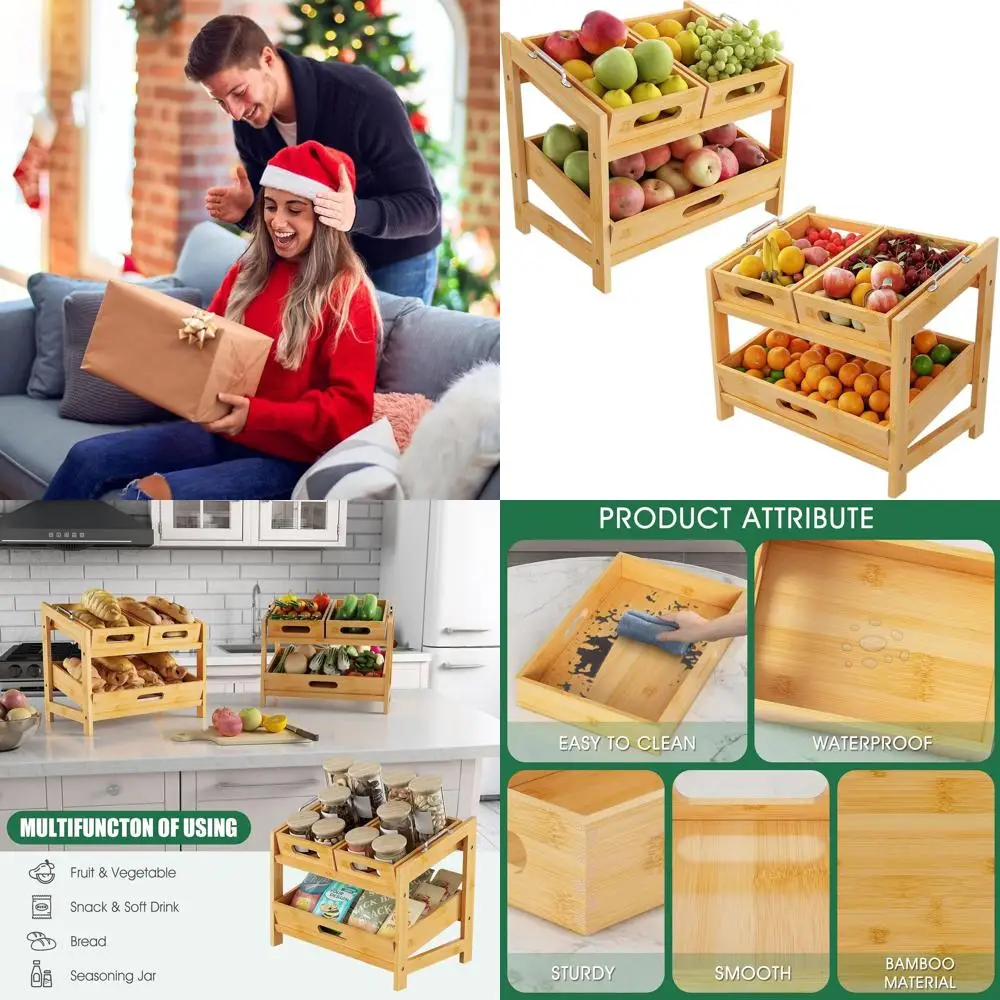 

2-Tier Bamboo Fruit Basket Stand - Kitchen Countertop Organizer for Fruits, Bread, and Vegetables
