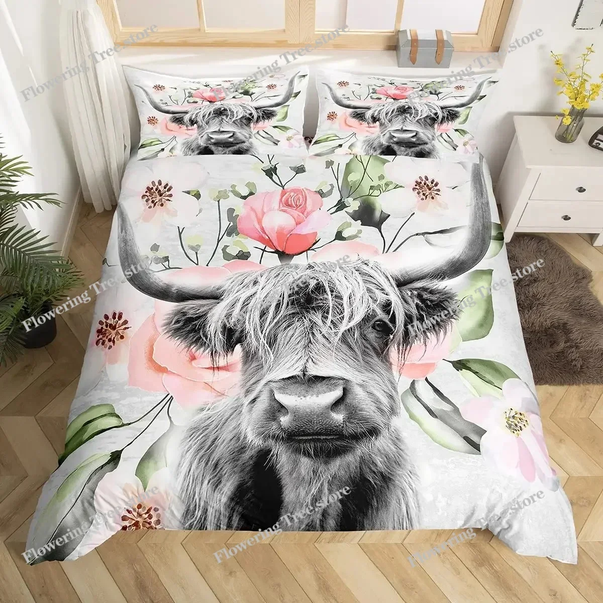 Highland Cattle Floral Cow Yellow Sunflower Animal Bedding Set Boys Girls Twin Queen Size Duvet Cover Pillowcase Bed Kids Adult