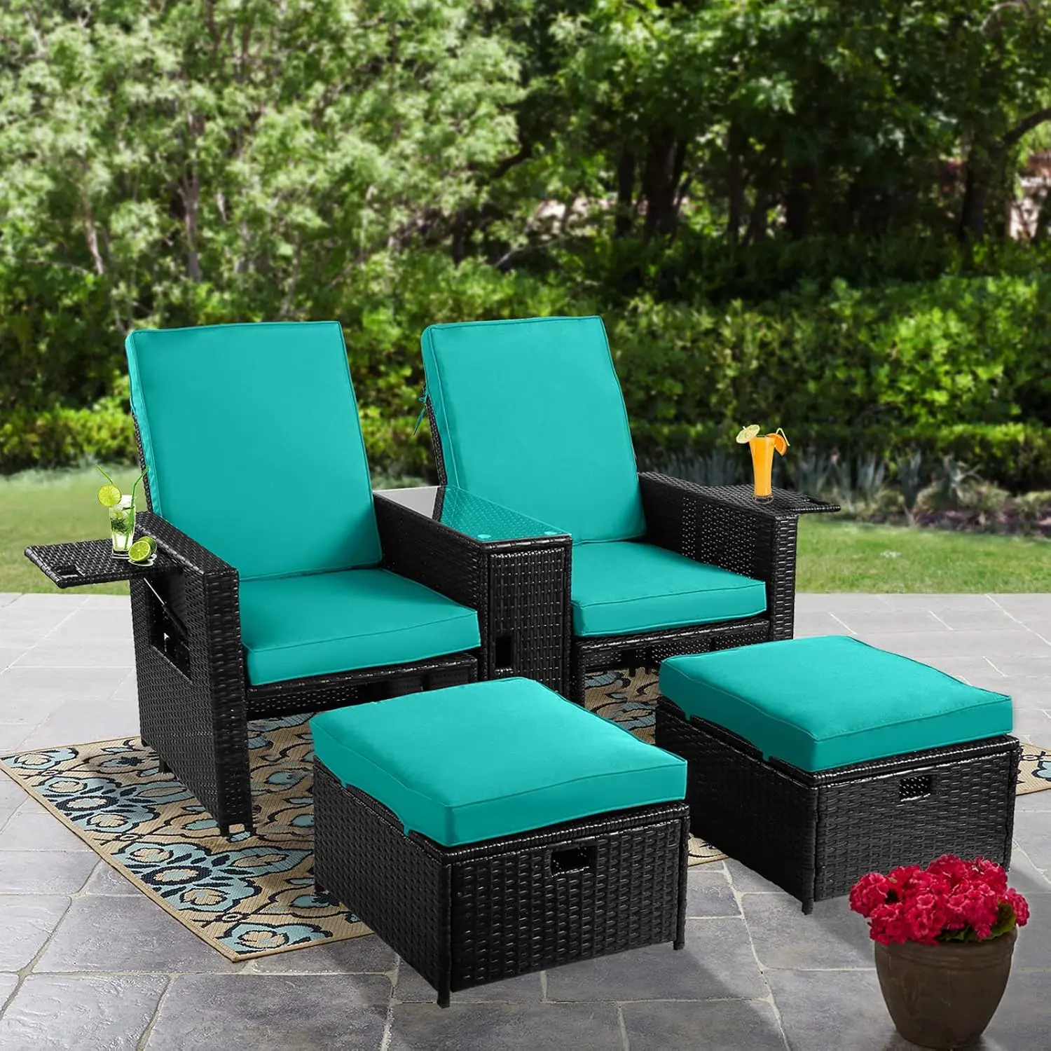 

5pcs Patio Wicker Outdoor Rattan Sofa Set, Adjustable Lounge Chair w/ Ottoman,Coffee Table,Cushion for Backyard,Balcony