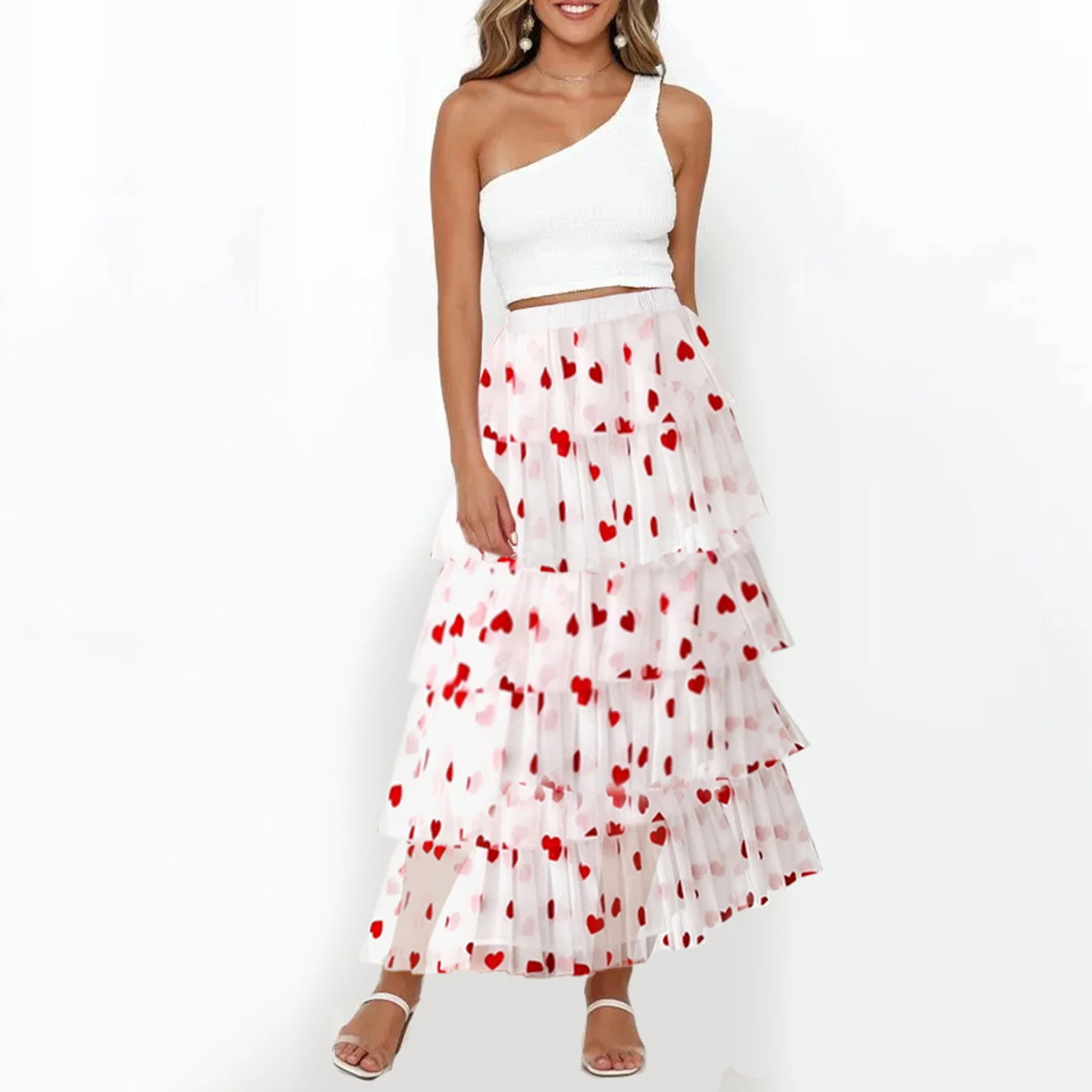 Women's  High Waist Heart Print Long Tulle Skirt for Travel Valentine's Day A-line Skirt