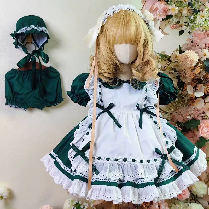 Niedliches Dienstmädchen-Kostüm für Kleinkinder im Lolita-Stil mit weißer Spitzenschürze, grünen Puffärmeln und gestuften Rüschen für Kinder-Feenkostüme – Detail 5