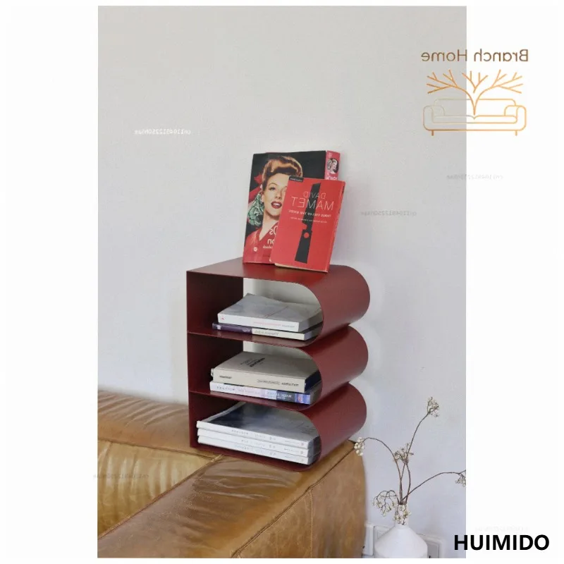 Newspaper shelf, book shelf, Nordic display stand, Burgundy red simple magazine shelf, floor-to-ceiling storage edge
