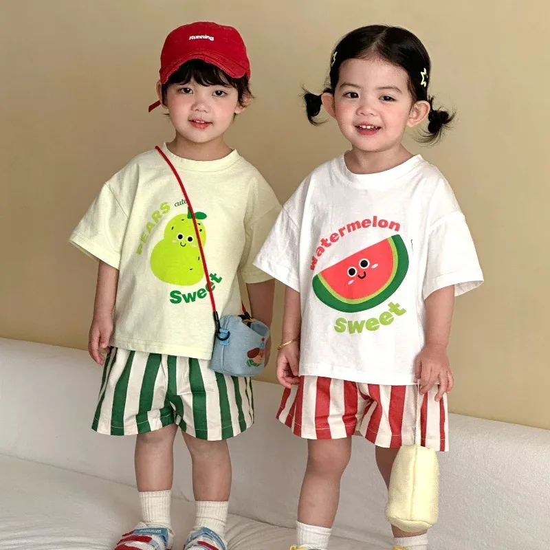 New Summer Children Clothes Set 1-9T Girls Cartoon Fruit T-shirt+Striped Shorts Cotton Loose Boys Tee Suit Kids Track Suit 2PCS