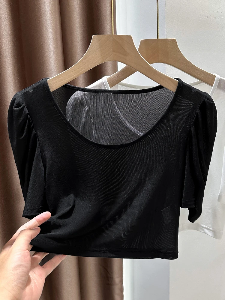 

Дизайнерская женская футболка с рукавами-фонариками и круглым вырезом, базовая модель из ледяного шелка для летнего образа, идеально подходит для сочетания с другими предметами гардероба.