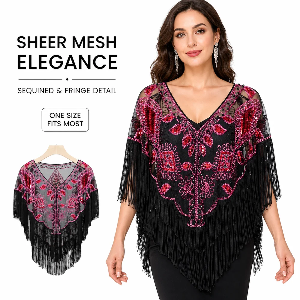 New Mesh Wrap Sequined Shawl With Tassel Cloak Flapper Shawl Tulle Shawl Sheer See Through Fringe Shawl Wedding Accessories