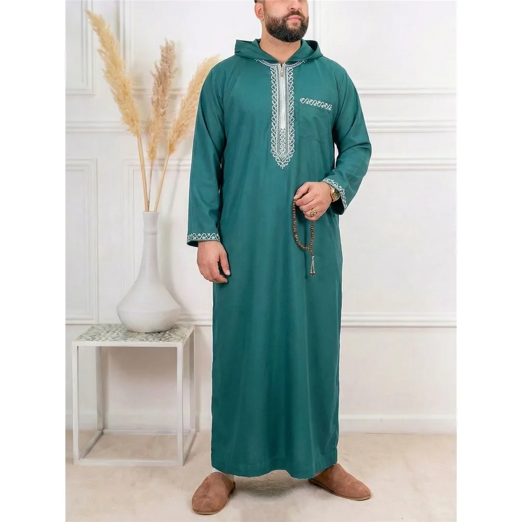 New Men's Jubba Thobe, Long Sleeve Embroidery Hooded Design, Loose Luxury Arab Men's Clothing