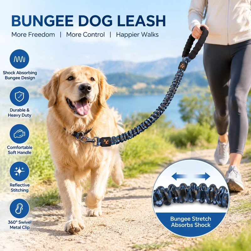 Large Dog Bungee Leash, Strong Nylon Elastic Lead with Shock Absorbing Stretch for Golden Retrievers, Labradors, Daily Walking