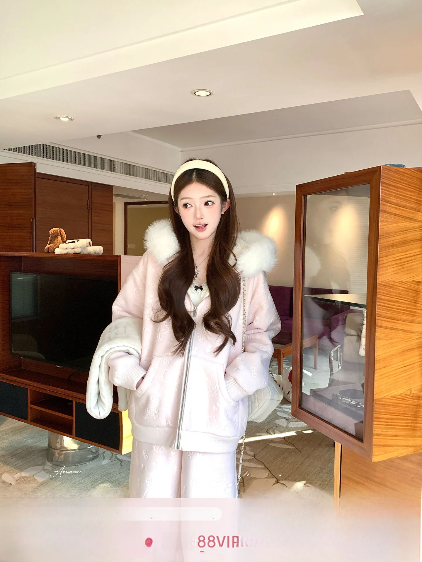 

Pink Print Fleece Hoodie And Drawstring Straight Leg Pants Women's Korean Style Two-Piece Set Long Sleeve Autumn Wear