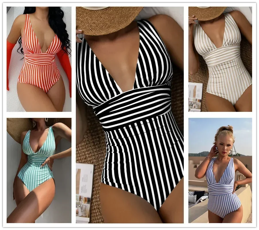 2023 Striped One Piece Swimsuit Vintage Swimwear Women V-neck Bathing Swimming Suit Female Summer Beachwear Bodysuit