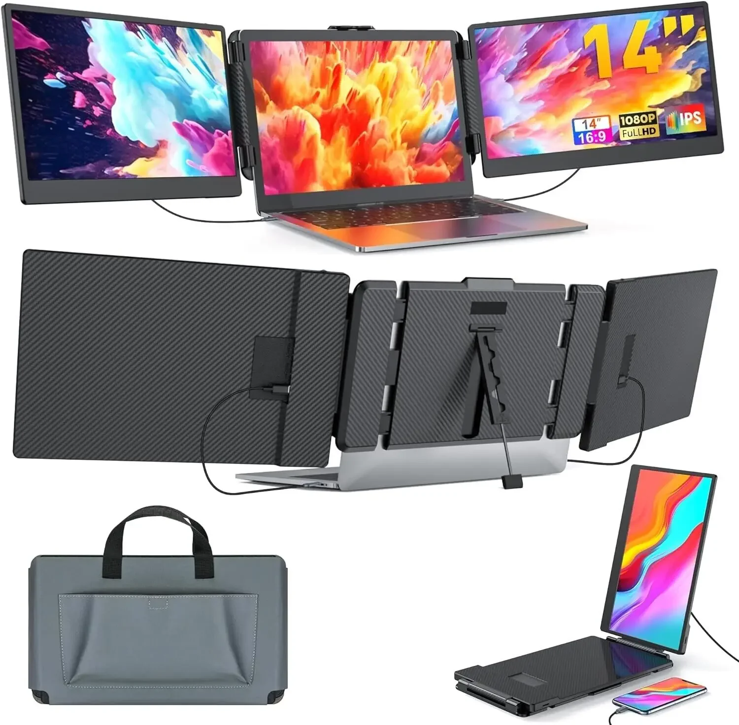 2026 New Custom 14 Inch 1080P IPS LCD Portable Monitor With Triple Extension Dual Screen Type C Interface Plug Play Laptop Compa