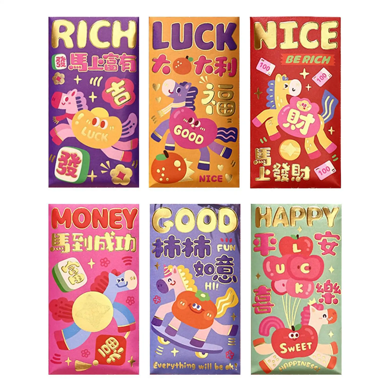 6 pçs dos desenhos animados cavalo ano envelope vermelho 2026 em relevo ano novo chinês envelopes vermelhos ano novo lunar chinês envelopes vermelhos para crianças