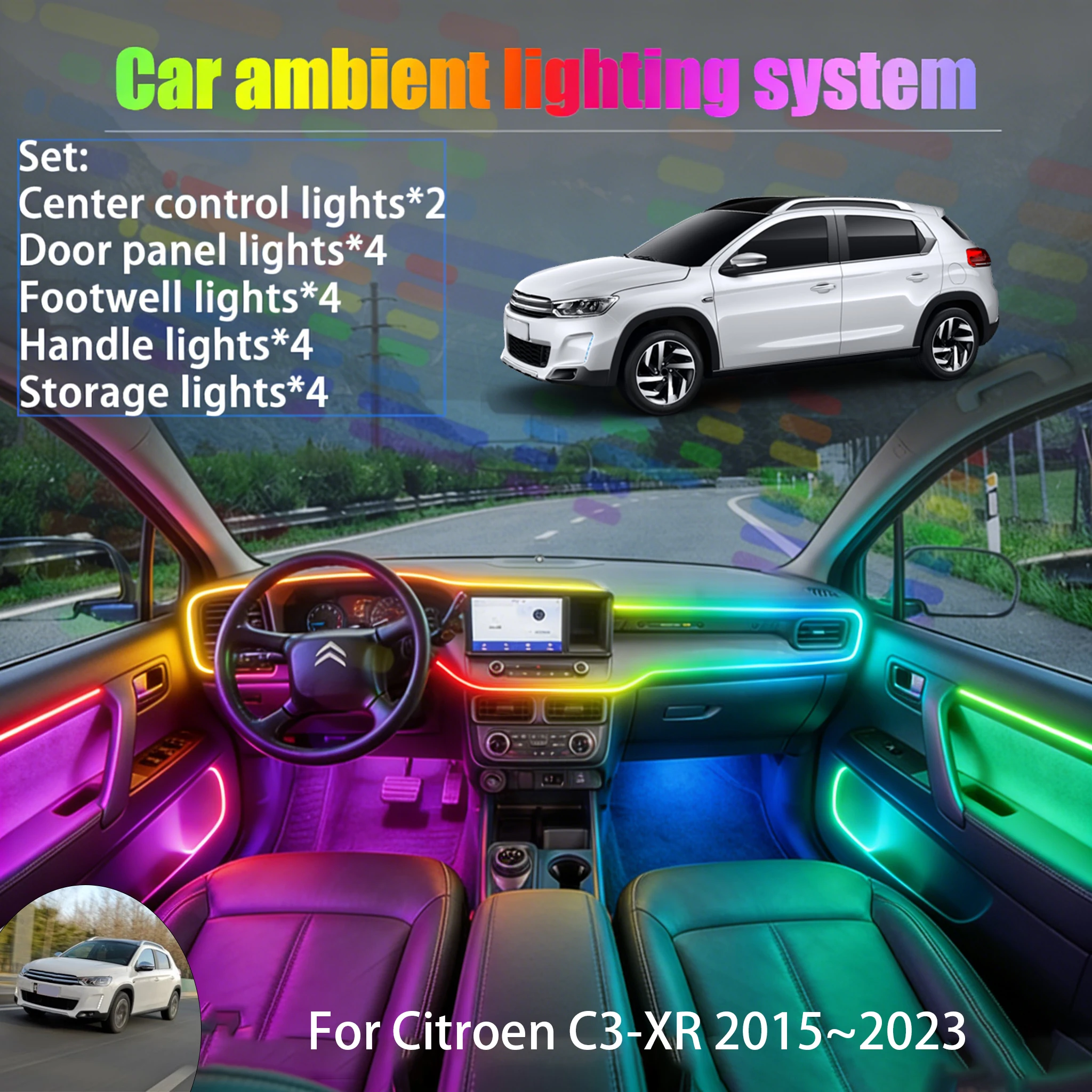 

For Citroen C3-XR 2015~2023 2/18 in 1 Car ambient lighting Led trunk interior led lights USB RGB Ensemble Streamer Auto Parts