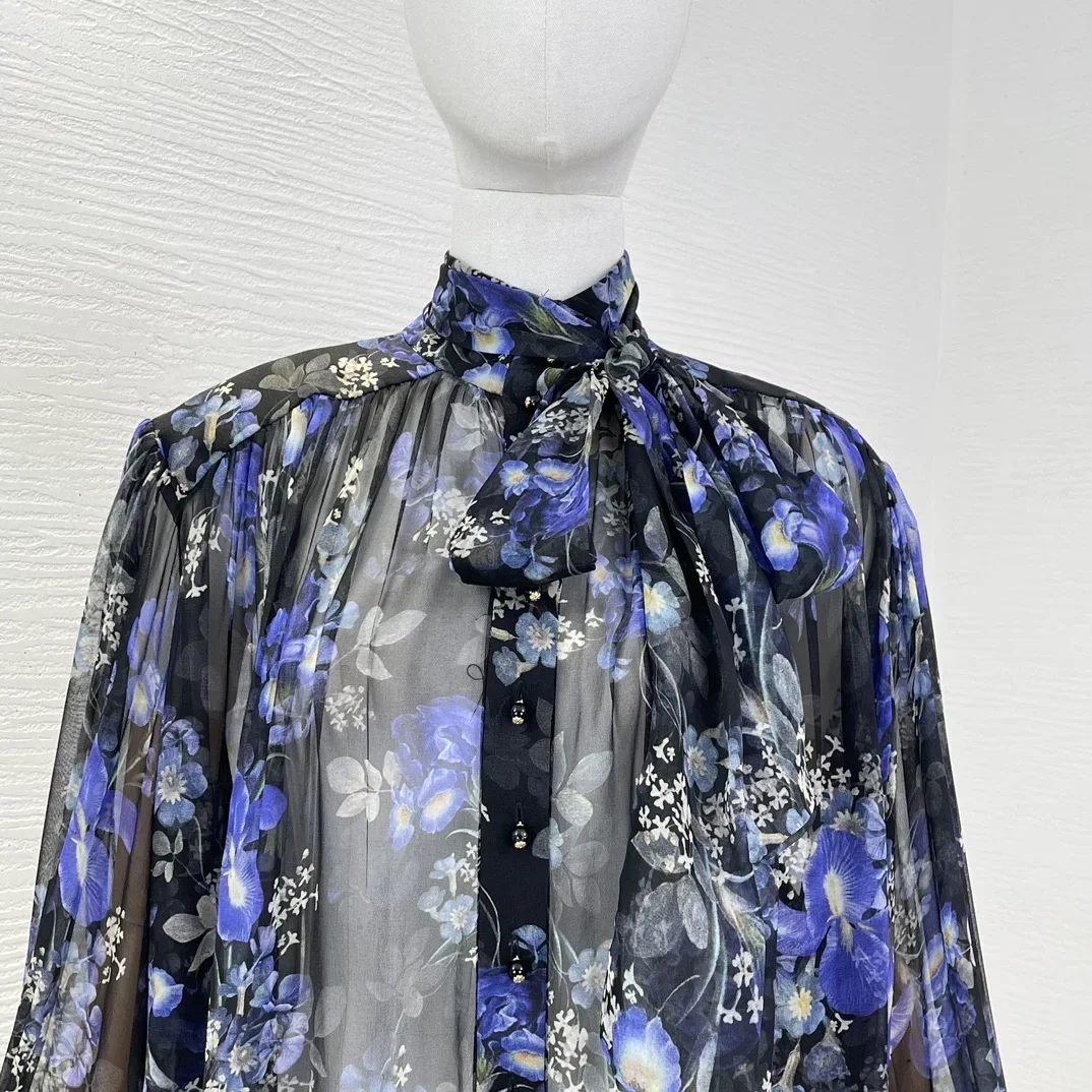 

2025 Silk High Quality Black Violet Floral Print Long Sleeve Blouse Tops