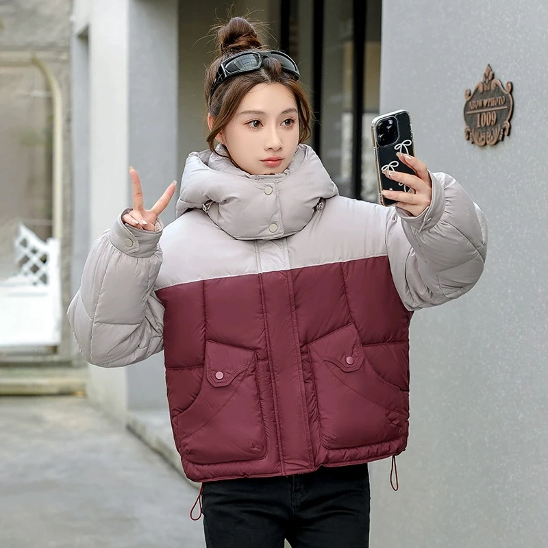 

2025Autumn Winter Down Jacket Women Parkas New Hooded Warm Cotton Padded Coat Female Fashion Contrast Outwear Bread Overcoat Top