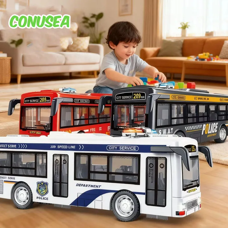 Traffic Bus Toys for Kids Children's Simulation Bus Scale Cars Door-Opening with Light Sound Effect Inertial Sightseeing Car Toy