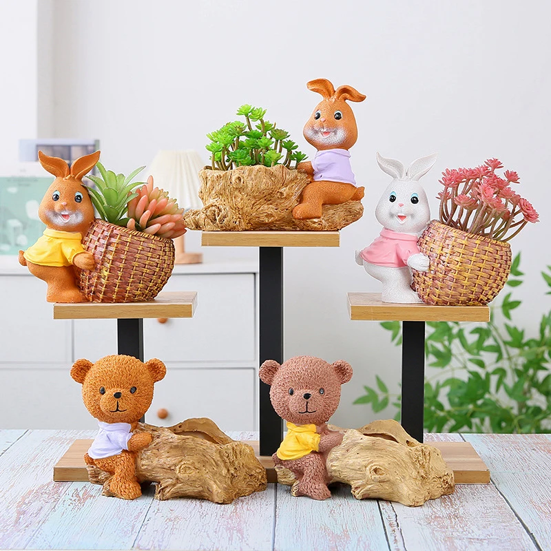 Natural Style Bear Rabbit Figurine Resin Cartoon Bunny Statue Flowerpot With Drainage Holes Retro Cute Animal Flowerpot
