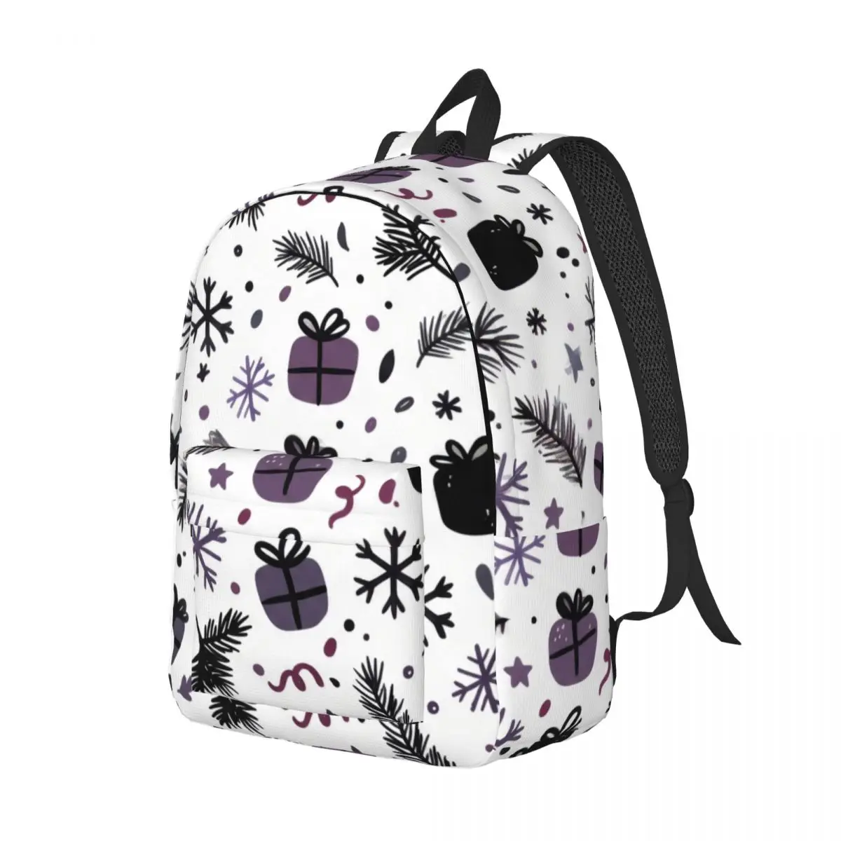 Moon School Backpack Tossed Snowflake Pine Gift Box Star Preppy School Black White Edgy Daypack for School Work Weekend Outfit