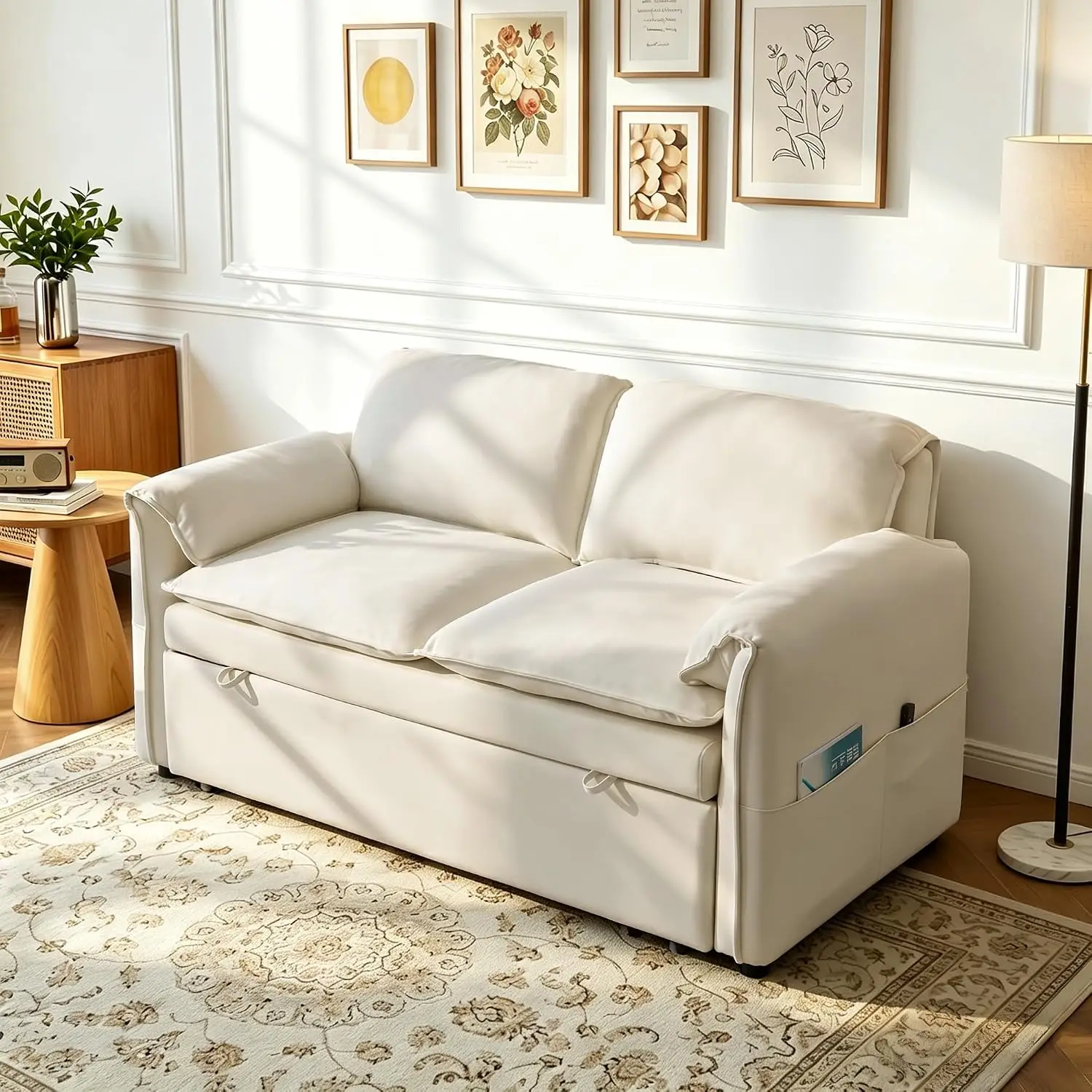 3 in 1 Convertible Sleeper Sofa Bed, Pull Out Couch Bed with USB Port, Side Pocket, Comfy Velvet Loveseat Sleeper Sofa, Custom