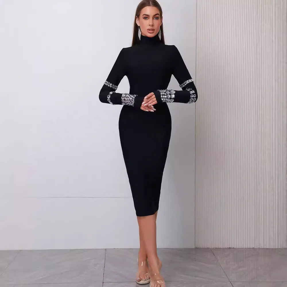 

Черное вечернее платье для торжественных мероприятий, инкрустированное бриллиантами, с длинными рукавами, облегающее, с круглым вырезом, средней длины, в стиле знаменитостей.