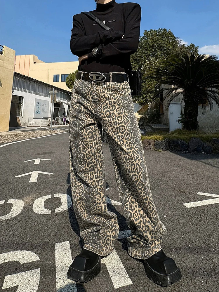 HOUZHOU Leopard Jeans for Men Denim Pants Male Oversize Wide Leg Trousers Streetwear Hip Hop Vintage Animal Print Loose Casual