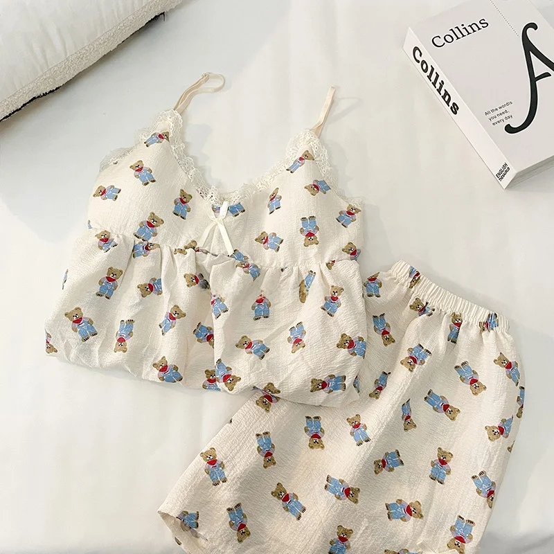 

Cute Bear Strap Spwear Women's Summer Thin Cotton Polyester Home Clothes Two-Piece Set with Chest Pad V-Ne ort Sve