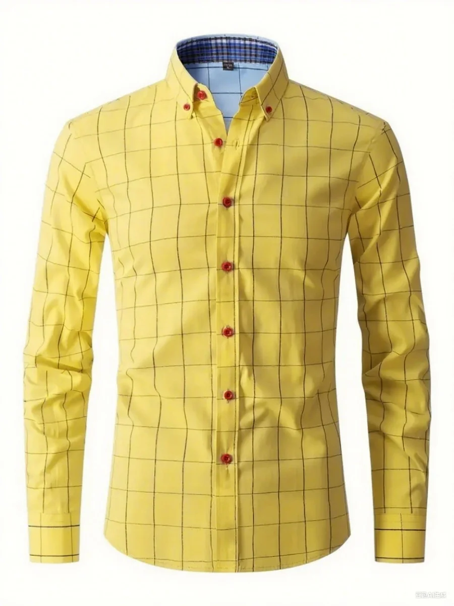

New spring men's long-sleeved shirts, fashionable single-breasted large check casual business shirts, fast delivery