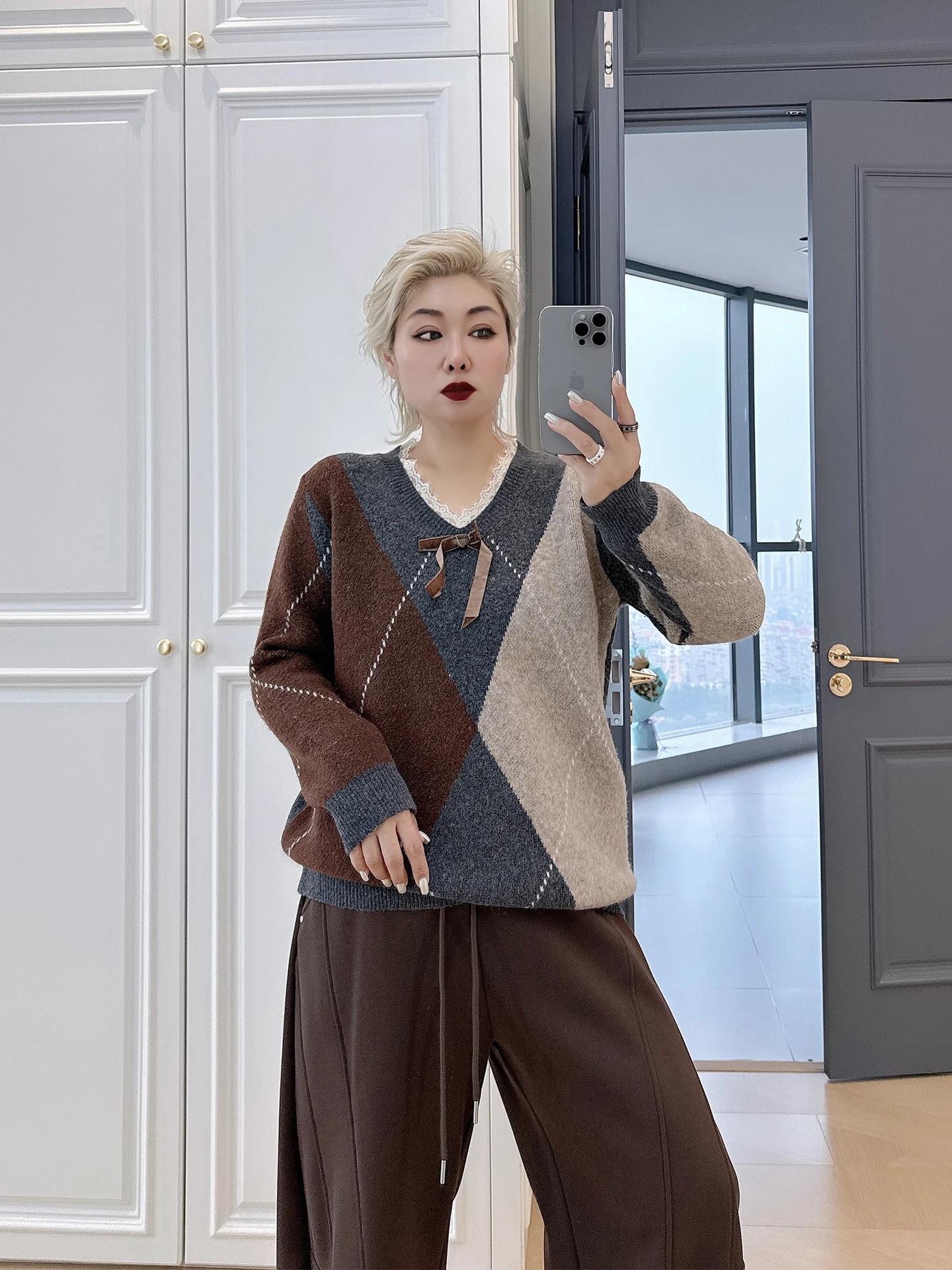 

Шикарный кружевной трикотаж V-Ne размера плюс, женский винтажный свободный крой для колледжа, длинный зимний топ све для тяжелых девочек