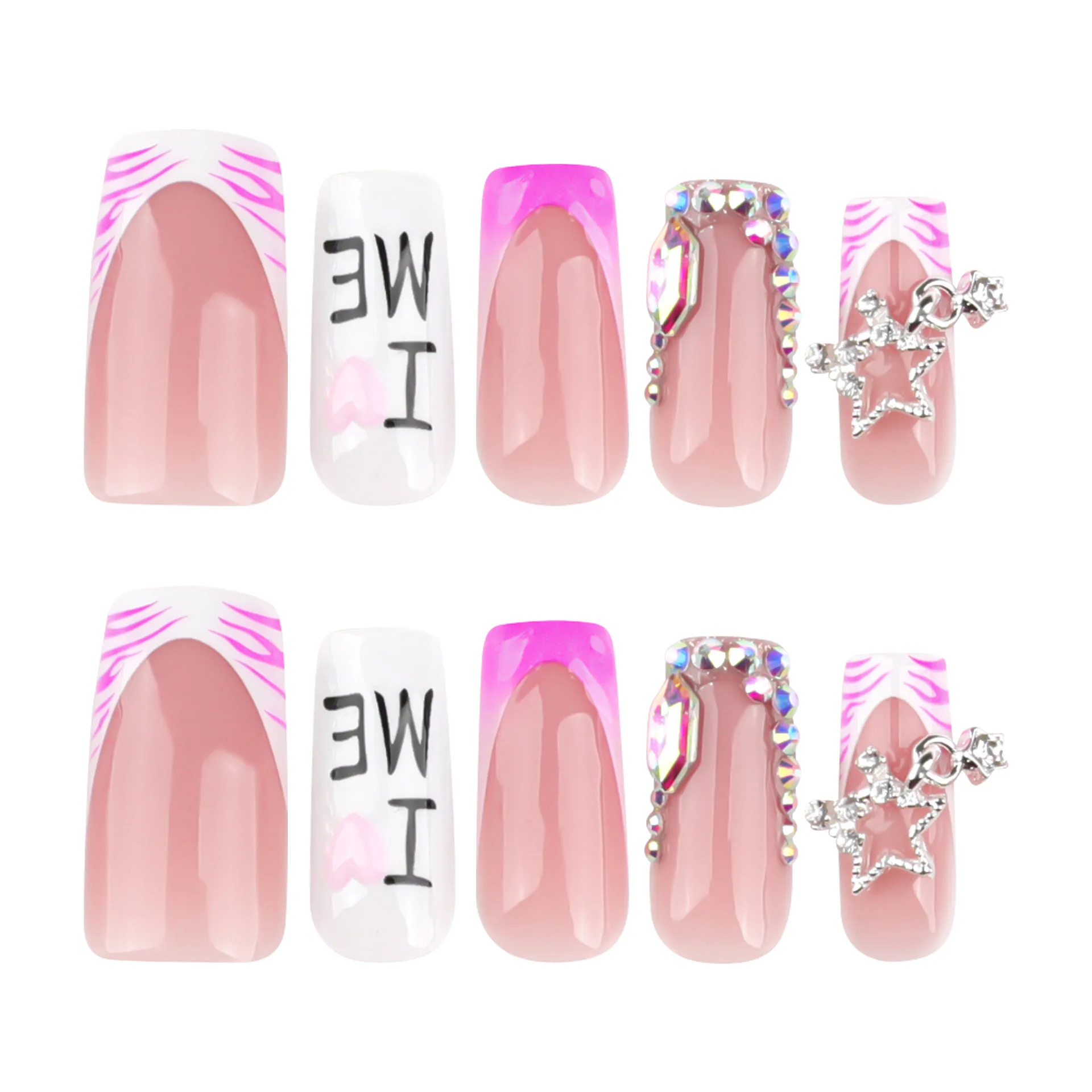 24 Stück Flash Diamond Falsche Nägel Rosa Zebramuster Französischer Stil Press On Nails Sternkette Dekor Y2k Valentinstag Fake Nail – Detail 5