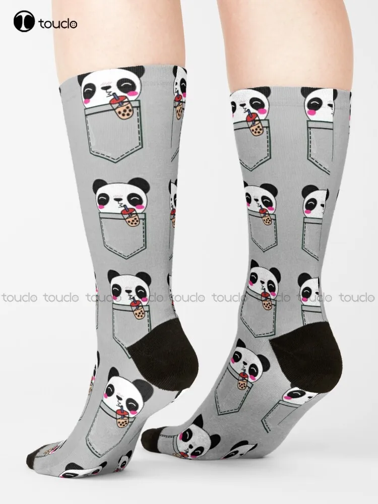 Kawaii Cute Adorable Shameless Pocket Bubble Tea Panda Socks White Men'S Socks Personalized Custom Unisex Adult Teen Youth Socks