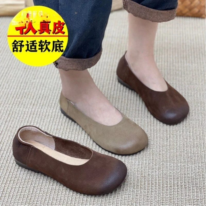 

Women's 2025 spring and summer retro literature and art shallow mouth cowhide soft bottom flat bottom non-slip single shoes
