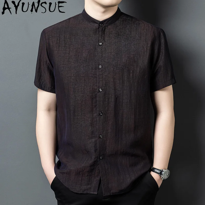 AYUNSUE High Quality Real Gauze Silk Tops Man Clothing 2026 Summer 100% Mulberry Silk Shirt Men Casual Satin Shirts Short Sleeve