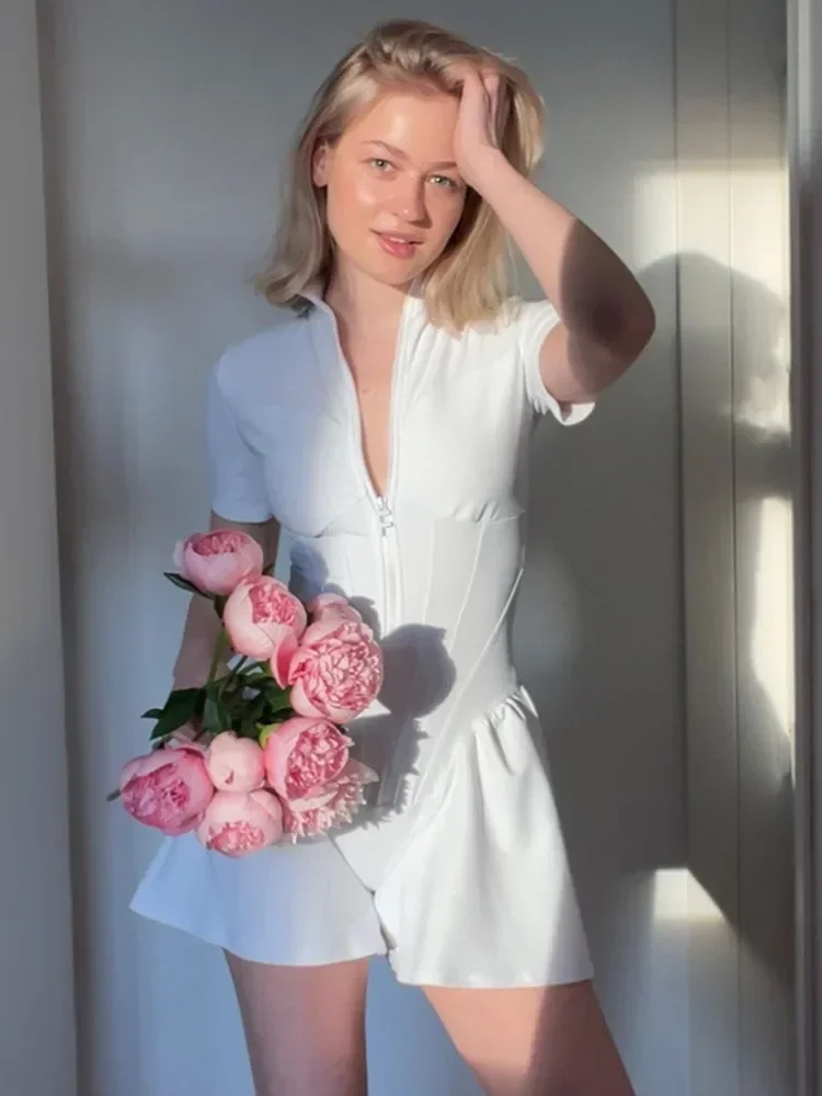 Sexy Bodycon Overall Frauen Overall O Hals Kurzarm Zipper Bodysuit Weibliche Elegante Dünne Playsuits Strampler