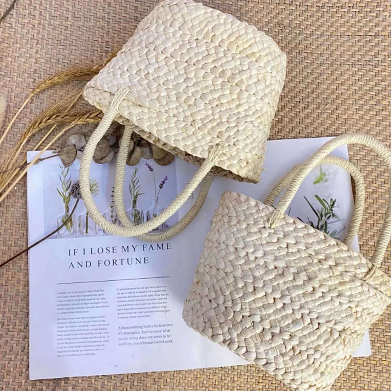 2X Summer Handmade Small Woven Bag Corn Husk Handbag Basket Straw Rattan Bag Parent-Child Children Straw Rattan Purse