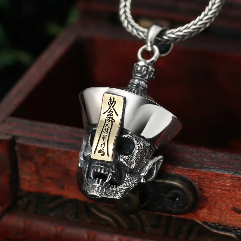 S925 Sterling Silver Skull Pendant Black Color Old Process Unisex Chinese Zombie Head Fine Jewelry FYNE423