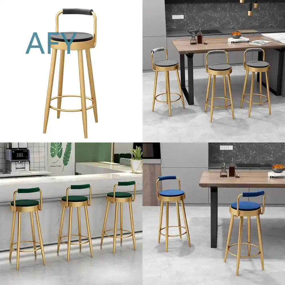 Light Luxury Bar Chair for Modern Simple Gold Hotel Front Desk Backrest Chair for Household Island High Counter Stool