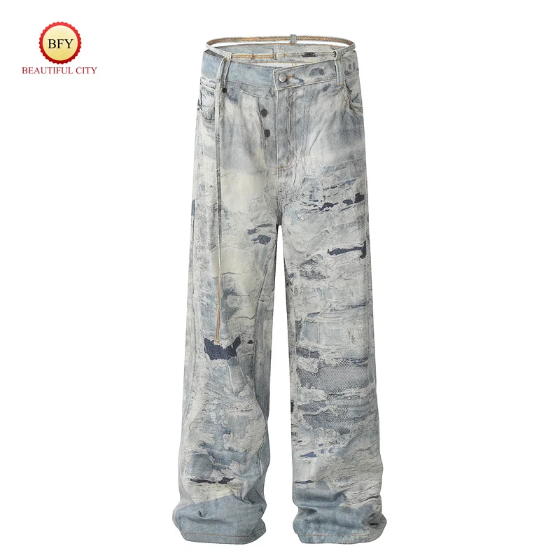 Heavy Industrial Modern Style Vintage Ragged Colourblocking Design Casual Fashion Mens Womens Trendy Jeans