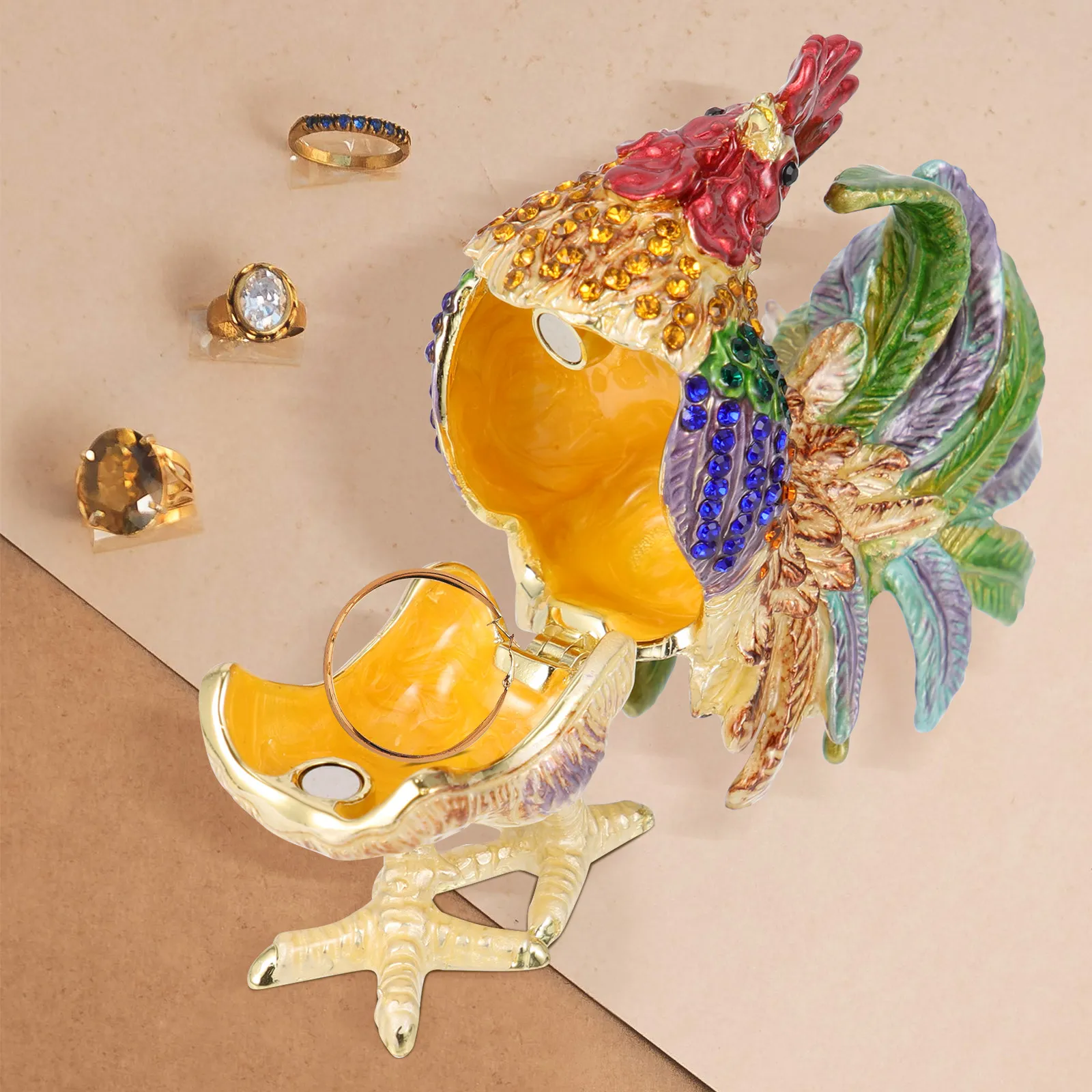 Small Gold Rooster Jewelry Organizer Box Vintage Alloy Jewelry Storage Trinket Case Desktop Rooster Decoration