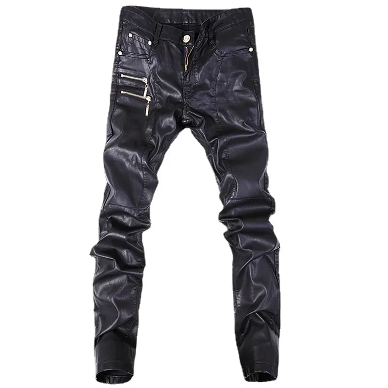 الخريف والشتاء الرجال الكورية السراويل الجلدية عادية سليم بنطال ملاصق للجسم سستة تصميم الربط السراويل الجلدية #3